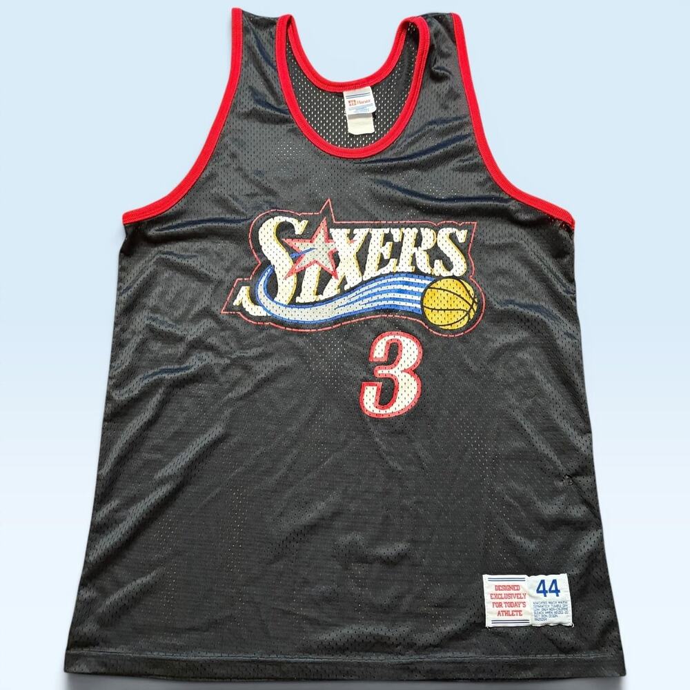 Vintage Philadelphia 76ers Jersey Mens 44 Black NBA Basketball Iverson 3 Hanes